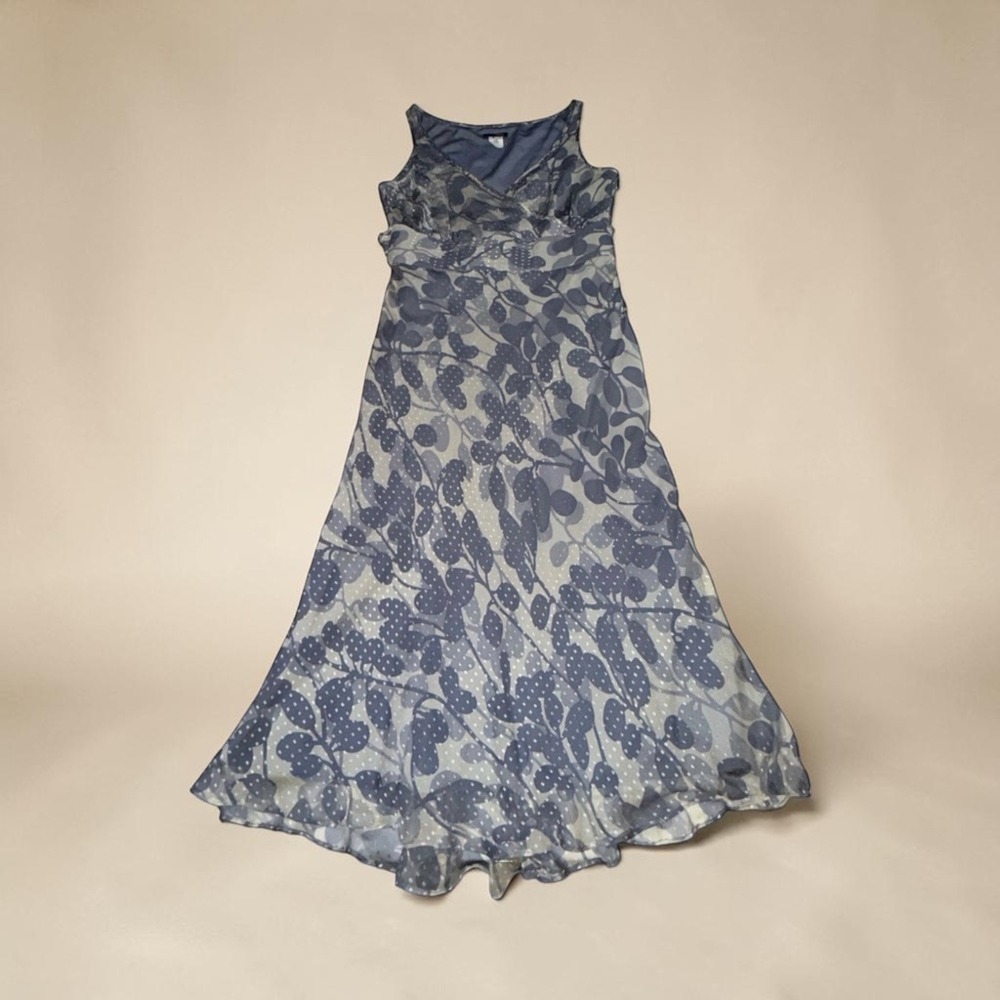 J.Crew Silk Blend Floral Polka Dot Midi Dress Blue Grey Sleeveless Size 8